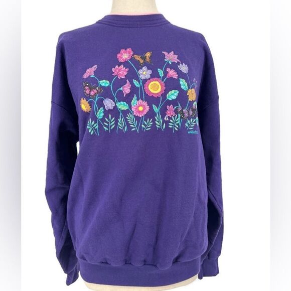 Vintage 90s Flowers Grandma Morning Sun Sweatshirt Made in USA Large - Picture 1 of 9